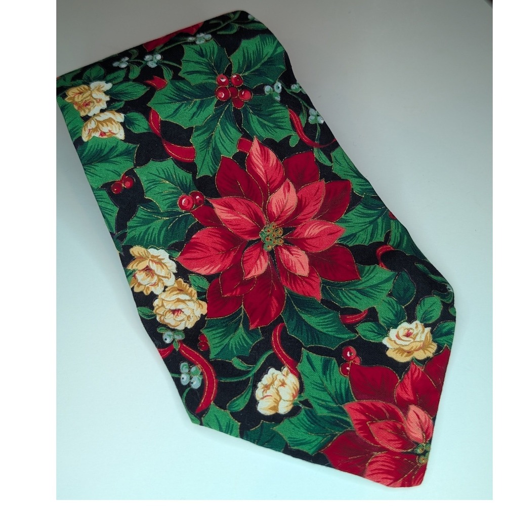 Handmade Christmas Poinsettia Floral Necktie Black Red Green Gold Tie